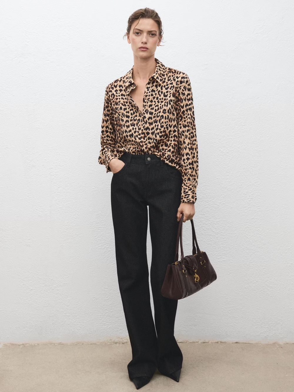 Mango Brown Leopard print long sleeve blouse NWT